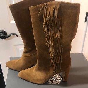 Vince Camuto Cognac colored suede boots W/ fringes on side. Worn once size 10